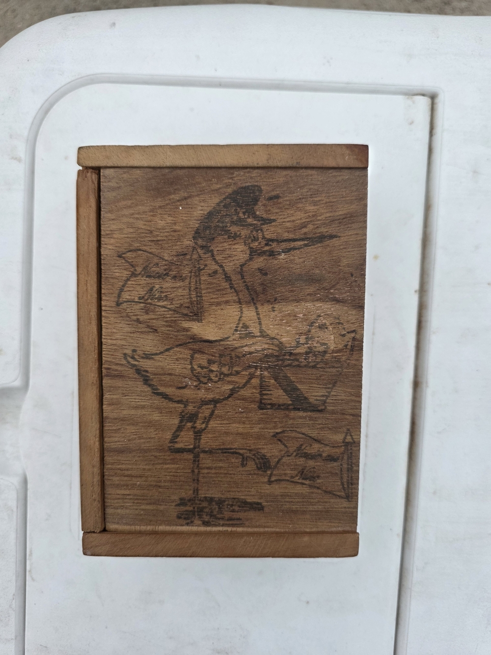 Vintage Handcrafted Wooden Box with Shorebird Etching & Dominos- Natural Brown